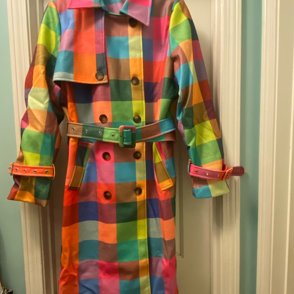 🎉Colorful Checkered Plaid Double Breasted belted Trench Coat - Picture 2 of 12
